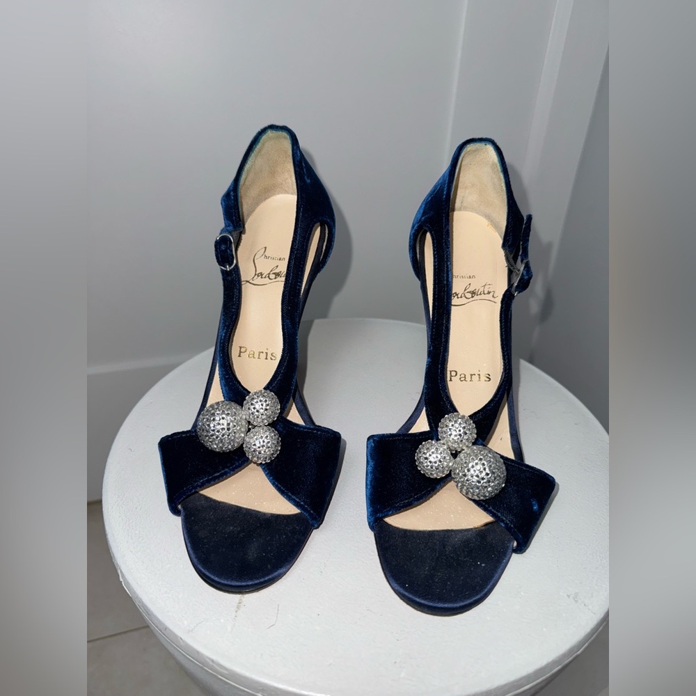 Christian Louboutin Blue velvet Palace Strauss high heel sandals/Size 7.5 - Picture 2 of 9